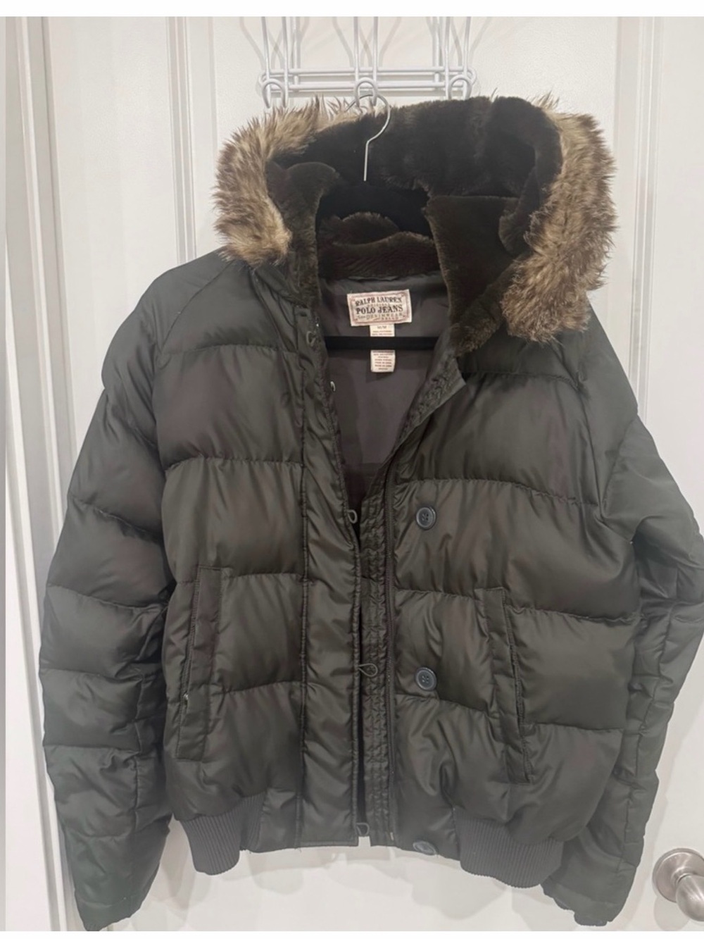 Vintage Polo by Ralph Lauren Olive Green Puffer Jacket with Faux Fur Trim